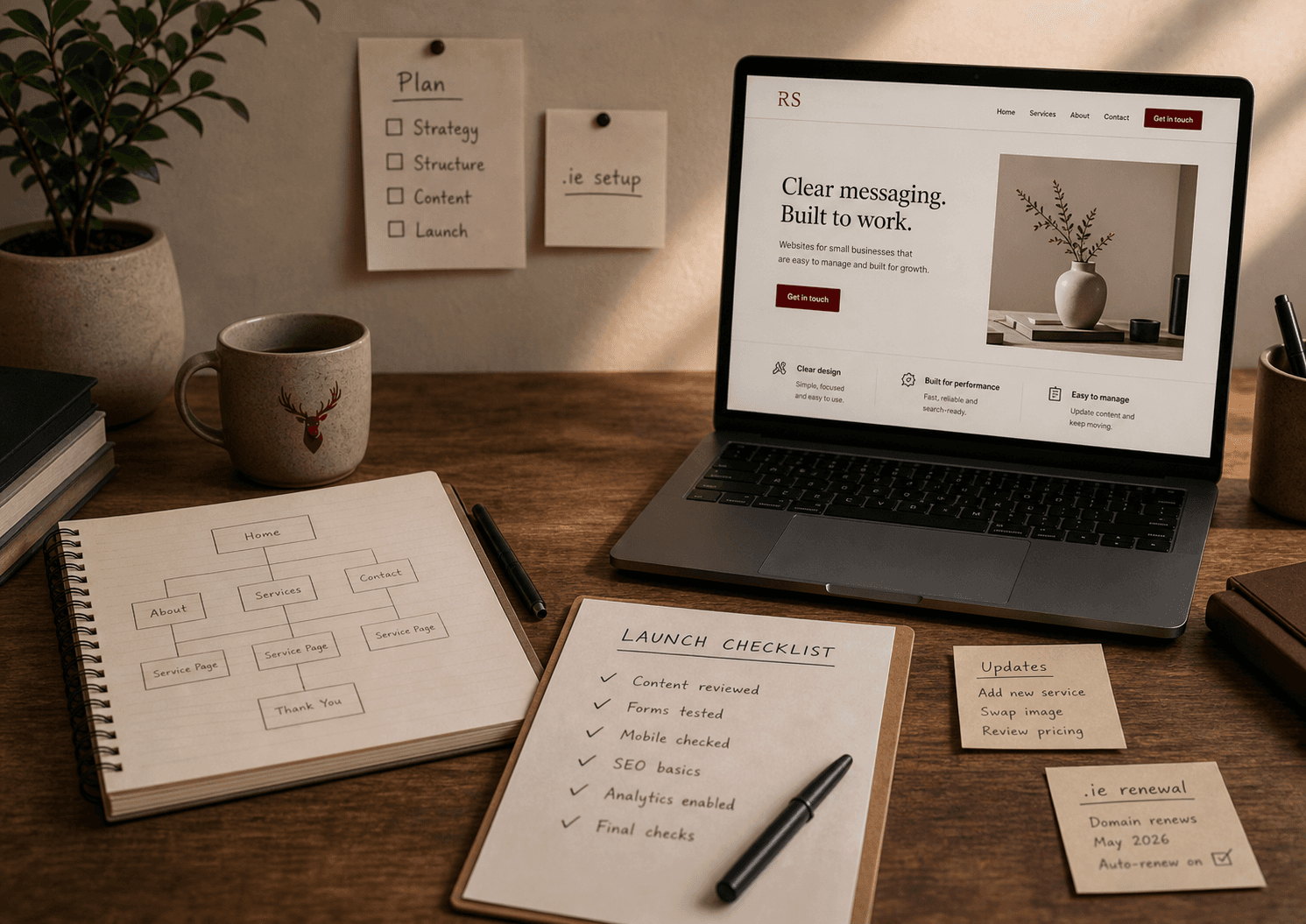 Warm desk with a launch checklist, website structure notes, and .ie renewal reminder.