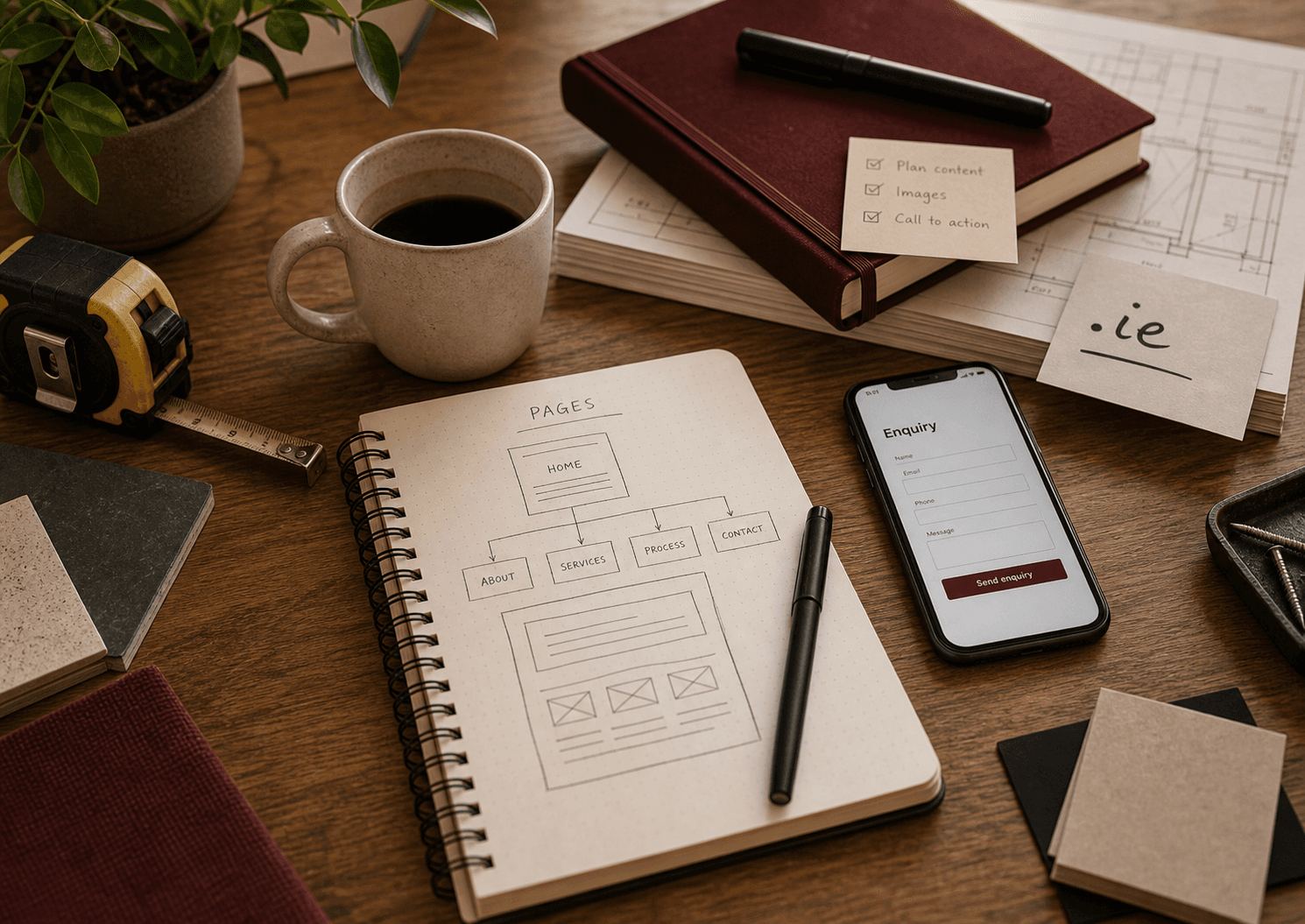 Desk with website page sketches, enquiry form planning, and small business materials.